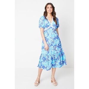 Wallis Womens Printed Lace Trim Tier Hem Midi Tea Dress - Blue - Size: 22