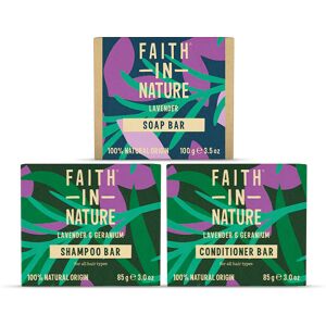 Faith In Nature Hair & Body Bundle - Shampoo Bar, Conditioner Bar & Soap - Lavender & Geranium - Plastic Free Zero Waste Travel Bundle - Natural Vegan