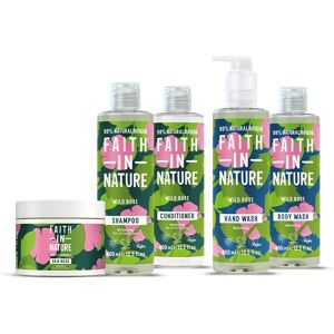 Faith In Nature 5 Piece Bundle - Shampoo, Conditioner, Hair Mark, Body Wash, Hand Wash - Wild Rose - Organic - Normal To Dry Hair - Natural, Vegan & C