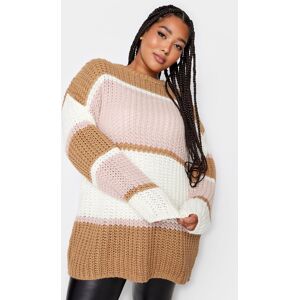 Yours Curve Beige Brown Colour Block Knitted Jumper, Women's Curve & Plus Size, Yours Brown 18-20 Female