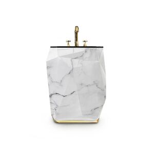 Maison Valentina White Diamond Faux Marble  Pedestal Sink Wood, Gold Leaf and Glass