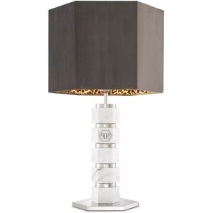 Philipp Plein Hexagon Table Lamp White marble base   Polished nickel frame   Grey velvet shade with leopard lining