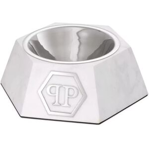 Philipp Plein Nice White Large  Dog Food Bowl White marble   Polished nickel finish   Stainless steel bowl