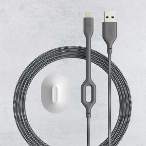 Tangle-Free Reinforced Charging Cable By Nolii   Color: Graphite + Stone   Input - Output: USB-A to Apple Lightning Connector   Length: 2m (6 feet)