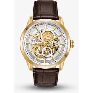 Bulova Mens Sutton Gold Plated White Skeleton Dial Brown Leather Strap Watch 97A138 Bulova Mens Sutton Gold Plated White Skeleton Dial Brown Leather Strap Watch 97A138