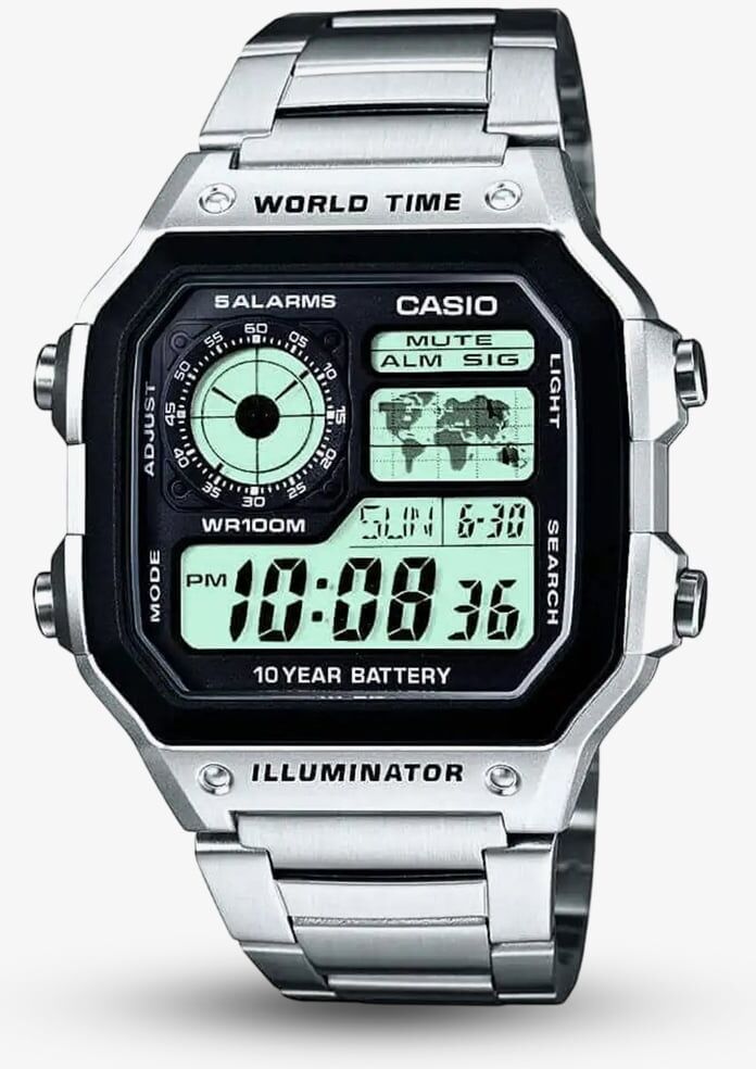 Casio World Timer Silver & Black Digital Display Watch AE-1200WHD-1AVEF