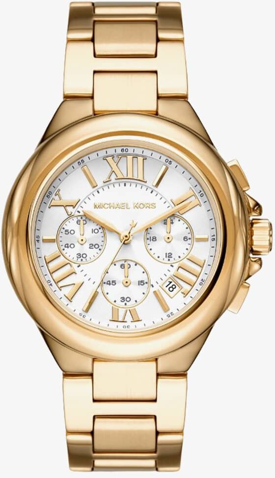 Michael Kors Ladies Camille 43mm Gold Plated White Dial Chronograph Watch MK7270