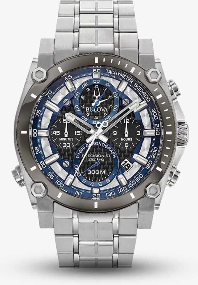 Bulova Mens Precisionist Stainless Steel Black and Blue Chronograph Dial Bracelet Watch 98B316