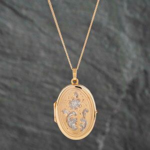 Pre-Owned 9ct Two Colour Gold Oval Flower Design Locket Pendant & 18 Inch Curb Chain 41142405 Pre-Owned 9ct Two Colour Gold Oval Flower Design Locket Pendant & 18 Inch Curb Chain 41142405