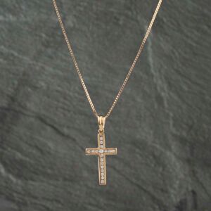 Pre-Owned 9ct Yellow Gold Cubic Zirconia Channel Set Cross Pendant & 16 Inch Box Chain 41142554 Pre-Owned 9ct Yellow Gold Cubic Zirconia Channel Set Cross Pendant & 16 Inch Box Chain 41142554