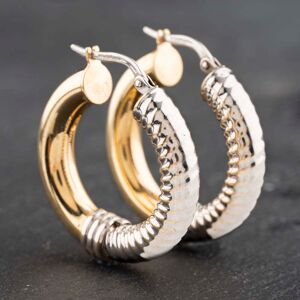 Pre-Owned 9ct Two Colour Gold 25mm Textured And Plain Hoop Earrings 41172961 Pre-Owned 9ct Two Colour Gold 25mm Textured And Plain Hoop Earrings 41172961
