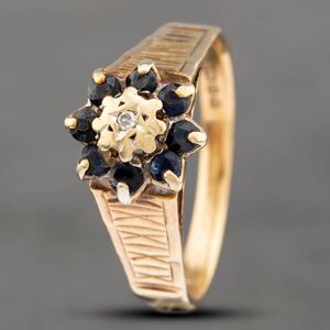 Pre-Owned Vintage 9ct Yellow Gold Sapphire & Diamond Engraved Shoulders Cluster Ring 41382217 Pre-Owned Vintage 9ct Yellow Gold Sapphire & Diamond Engraved Shoulders Cluster Ring 41382217