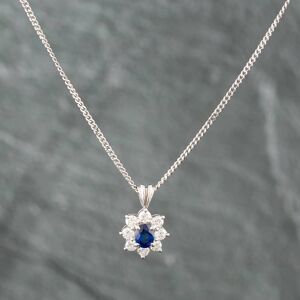 Pre-Owned Platinum 0.60ct Sapphire & 0.54ct Brilliant Cut Diamond Oval Pendant & 16 Inch Curb Chain 43141029 Pre-Owned Platinum 0.60ct Sapphire & 0.54ct Brilliant Cut Diamond Oval Pendant & 16 Inch Curb Chain 43141029