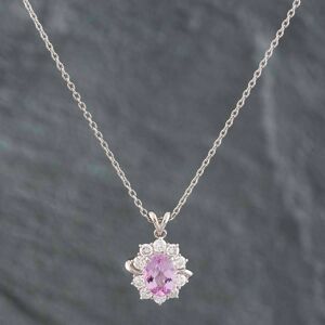 Pre-Owned Platinum 0.95ct Oval Cut Pink Topaz & 0.43ct Brilliant Cut Diamond Cluster Pendant & 16 Inch Trace Chain 43141067 Pre-Owned Platinum 0.95ct Oval Cut Pink Topaz & 0.43ct Brilliant Cut Diamond Cluster Pendant & 16 Inch Trace Chain 43141067