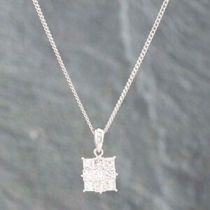 Pre-Owned Platinum 1.00ct Princess Cut Diamond Square Nine Stone Cluster Pendant & 16 Inch Curb Chain 43141194 Pre-Owned Platinum 1.00ct Princess Cut Diamond Square Nine Stone Cluster Pendant & 16 Inch Curb Chain 43141194