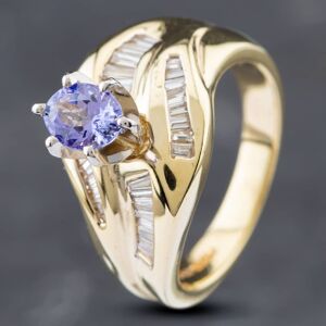 Pre-Owned 14ct Yellow Gold 0.60ct Oval Cut Tanzanite & Baguette Cut Diamond Dress Ring 43411010 Pre-Owned 14ct Yellow Gold 0.60ct Oval Cut Tanzanite & Baguette Cut Diamond Dress Ring 43411010