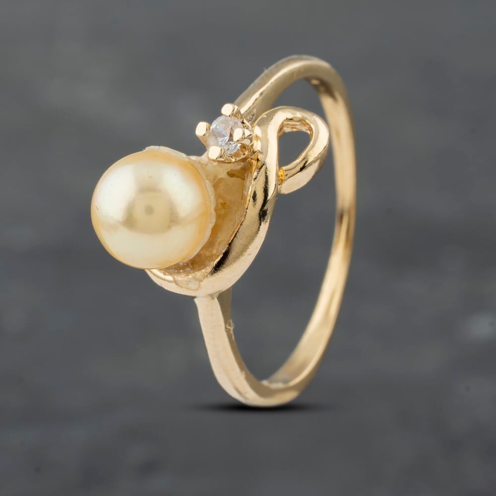 Pre-Owned 14ct Yellow Gold Cultured Pearl & Cubic Zirconia Swirl Two Stone Ring 41382707