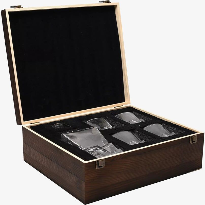 TJH Collection Harvey Makin Four Whiskey Glasses & Decanter Set In Wooden Box Glassware HM2270