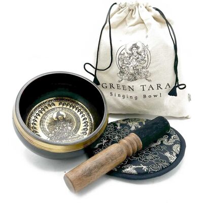 KDMD Hand Beaten & Engraved Singing Bowl Gift Set - 14cm - Green Tara Green KDMD Hand Beaten & Engraved Singing Bowl Gift Set - 14cm - Green Tara Green