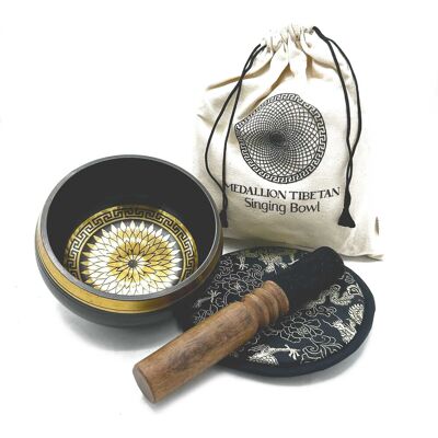 KDMD Hand Beaten & Engraved Singing Bowl Gift Set - 14cm - Round Medallions in Gold Gold KDMD Hand Beaten & Engraved Singing Bowl Gift Set - 14cm - Round Medallions in Gold Gold
