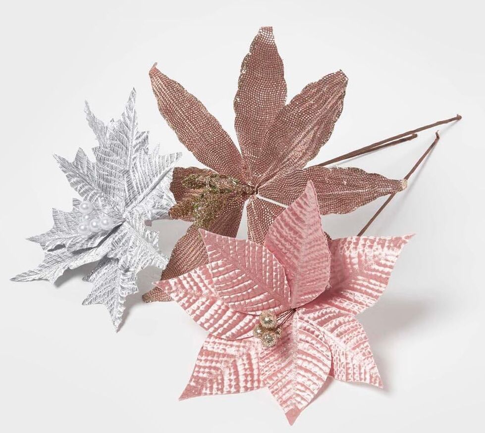 Homescapes Artificial Set of 3 Pink Poinsettia Single Stem Decorations