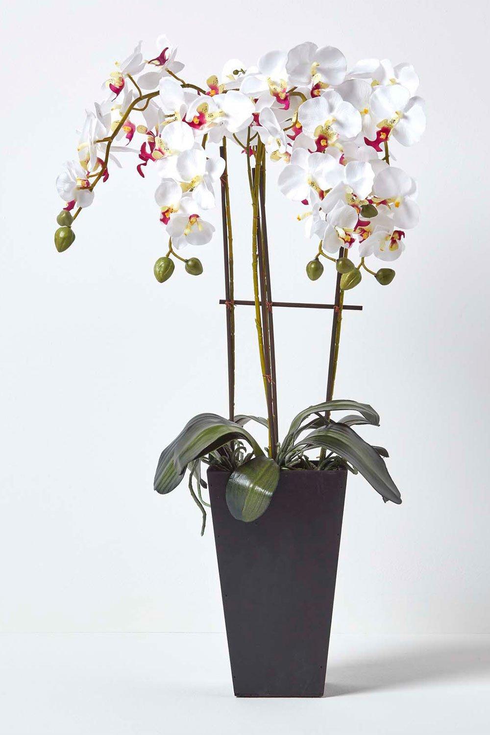 Homescapes Artificial Flowers White Orchid in a Black Pot, 70 cm