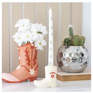 KDMD White Cowboy Boot Candle Holder with Taper Candle White KDMD White Cowboy Boot Candle Holder with Taper Candle White