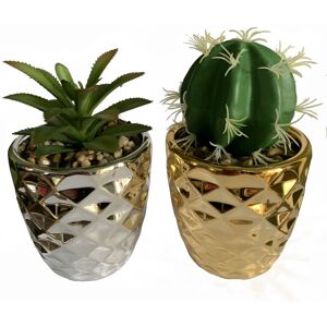 Leaf 15cm Set of Two Silver & Gold Ceramic Planters with Artificial Cactus & Dracaena Silver Leaf 15cm Set of Two Silver & Gold Ceramic Planters with Artificial Cactus & Dracaena Silver
