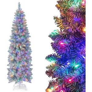Gymax 6 FT Pre-Lit Christmas Slim Tree 475 Tips 250 Colorful Lights Metal Base in Green Size: 6ft Green 6ft Gymax 6 FT Pre-Lit Christmas Slim Tree 475 Tips 250 Colorful Lights Metal Base in Green Size: 6ft Green 6ft