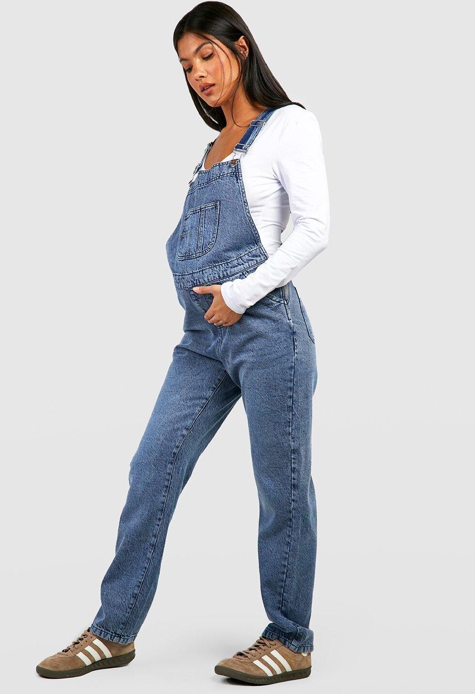 boohoo Maternity Blue Wash Straight Leg Dungarees