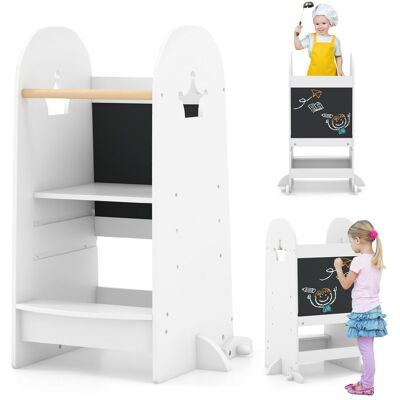 Gymax Children Stool Helper Kitchen Tower With Chalkboard Adjustable Height in White White Gymax Children Stool Helper Kitchen Tower With Chalkboard Adjustable Height in White White