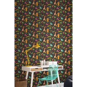 Hoopla Walls Safari Boogie 10m Matt Wallpaper in Black Black Hoopla Walls Safari Boogie 10m Matt Wallpaper in Black Black