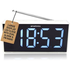 Denver Large Digit Digital Alarm Clock Radio - Mains Powered, 9" Display, Brightness Control in White White Denver Large Digit Digital Alarm Clock Radio - Mains Powered, 9" Display, Brightness Control in White White