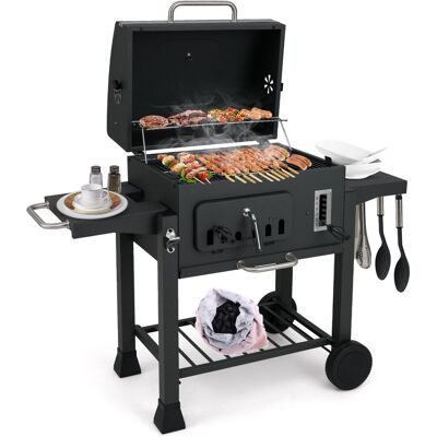 Costway Barrel Charcoal Grill 61 cm Barbecue Grill w/2 Folding Side Tables in Black Black Costway Barrel Charcoal Grill 61 cm Barbecue Grill w/2 Folding Side Tables in Black Black