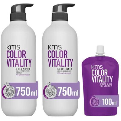 KMS Color Vitality Shampoo 750ml, Conditioner 750ml & Intense Gloss Treatment 100ml in Clear Clear KMS Color Vitality Shampoo 750ml, Conditioner 750ml & Intense Gloss Treatment 100ml in Clear Clear