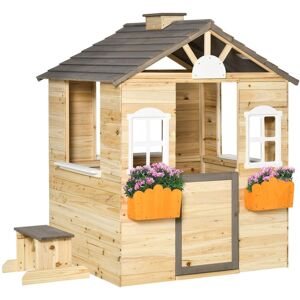 Outsunny Kids Wooden Playhouse, Outdoor Garden Toys with Door, Bench, Flowerpot