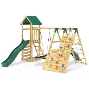 OutdoorToys Wooden Climbing Frame with Swings, Up & Over Climbing Wall & Two Slides - Crestone Green Green OutdoorToys Wooden Climbing Frame with Swings, Up & Over Climbing Wall & Two Slides - Crestone Green Green