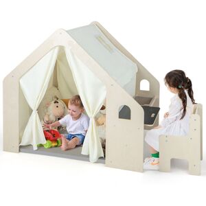 Costway Wooden Play Tent Toddler Montessori Playhouse W/ Table & Chair in Beige Beige Costway Wooden Play Tent Toddler Montessori Playhouse W/ Table & Chair in Beige Beige
