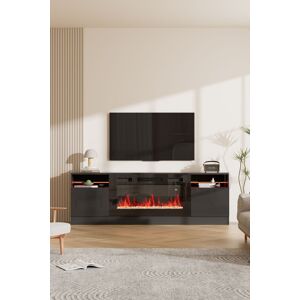 Living and Home Recessed Electric Fireplace TV Stand with Remote Control in Black Black Living and Home Recessed Electric Fireplace TV Stand with Remote Control in Black Black