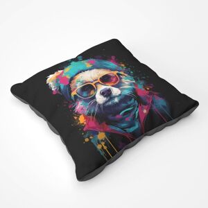 Warren Reed - Designer Multi Coloured Splashart Dog With Glasses Floor Cushion in Blue Size: Large Blue Large Warren Reed - Designer Multi Coloured Splashart Dog With Glasses Floor Cushion in Blue Size: Large Blue Large