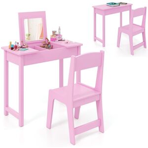 Costway Kids Vanity Set 2 in 1 Vanity Table & Chair Set w/Flip Top Mirror in White White Costway Kids Vanity Set 2 in 1 Vanity Table & Chair Set w/Flip Top Mirror in White White