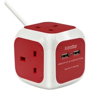 Living and Home 4 Way 1.5M Cube Socket, 2 USB Ports in Red Red Living and Home 4 Way 1.5M Cube Socket, 2 USB Ports in Red Red