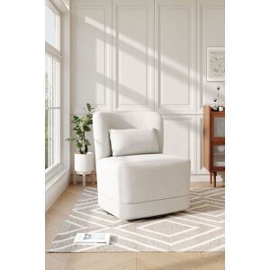 H&O Direct Teddy Fabric Curved Backrest Swivel Chair with Round Metal Base in White White H&O Direct Teddy Fabric Curved Backrest Swivel Chair with Round Metal Base in White White