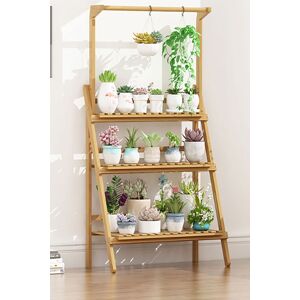 Living and Home 3-Tier Foldable Wooden Ladder Shelf with Hanging Rod Plant Stand Display Rack in Brown Brown Living and Home 3-Tier Foldable Wooden Ladder Shelf with Hanging Rod Plant Stand Display Rack in Brown Brown