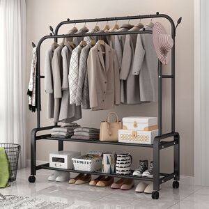 Living and Home 2-Rod Clothes Rack Garment Holder with Wheels & 2-tier Storage Shelf in Black Black Living and Home 2-Rod Clothes Rack Garment Holder with Wheels & 2-tier Storage Shelf in Black Black