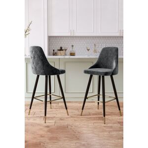 Living and Home 2Pcs Set Grey Velvet Button Tufted Back Bar Stools High Chairs for Counter Grey Living and Home 2Pcs Set Grey Velvet Button Tufted Back Bar Stools High Chairs for Counter Grey