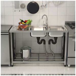 Living and Home Stainless Steel 2 Compartments Kitchen Sink with Drainboard and Shelf in Silver Silver Living and Home Stainless Steel 2 Compartments Kitchen Sink with Drainboard and Shelf in Silver Silver