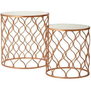 Orsina Set of 2 Copper Accent Tables With Mirrored Tops, Round Tables With Wave Design Metal Frames, Luxe Side Tables in Gold Gold Orsina Set of 2 Copper Accent Tables With Mirrored Tops, Round Tables With Wave Design Metal Frames, Luxe Side Tables in Gold Gold