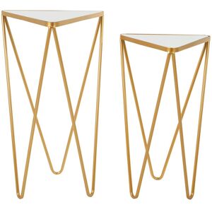 Orsina Set of 2 Gold Triangle Side Tables With Mirrored Tops, Gold Nesting Tables, Glass End Tables, Bedside Tables Gold Orsina Set of 2 Gold Triangle Side Tables With Mirrored Tops, Gold Nesting Tables, Glass End Tables, Bedside Tables Gold