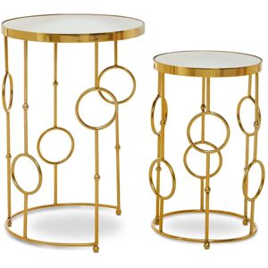 Orsina Set Of 2 Circle Pattern Side Table, Bedside Table With Mirrored Tops, Sleek Metallic Nesting Table in Gold Gold Orsina Set Of 2 Circle Pattern Side Table, Bedside Table With Mirrored Tops, Sleek Metallic Nesting Table in Gold Gold